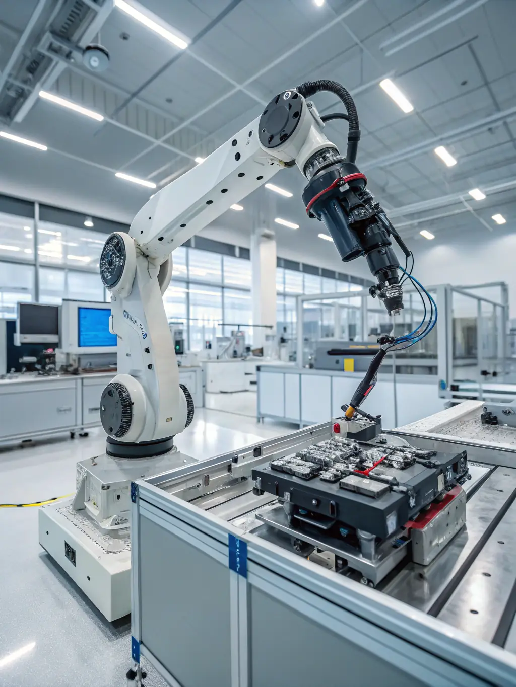 A robot arm performing a delicate task in a lab, highlighting Qiraxon's on-board agent's capability for adaptive autonomy in complex environments.