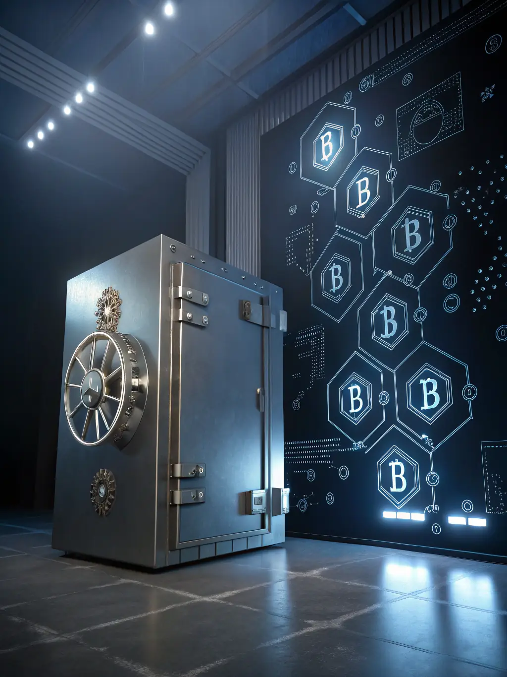 A secure data vault with encryption keys floating around it, representing Qiraxon's commitment to security and safety through AI governance and encryption.