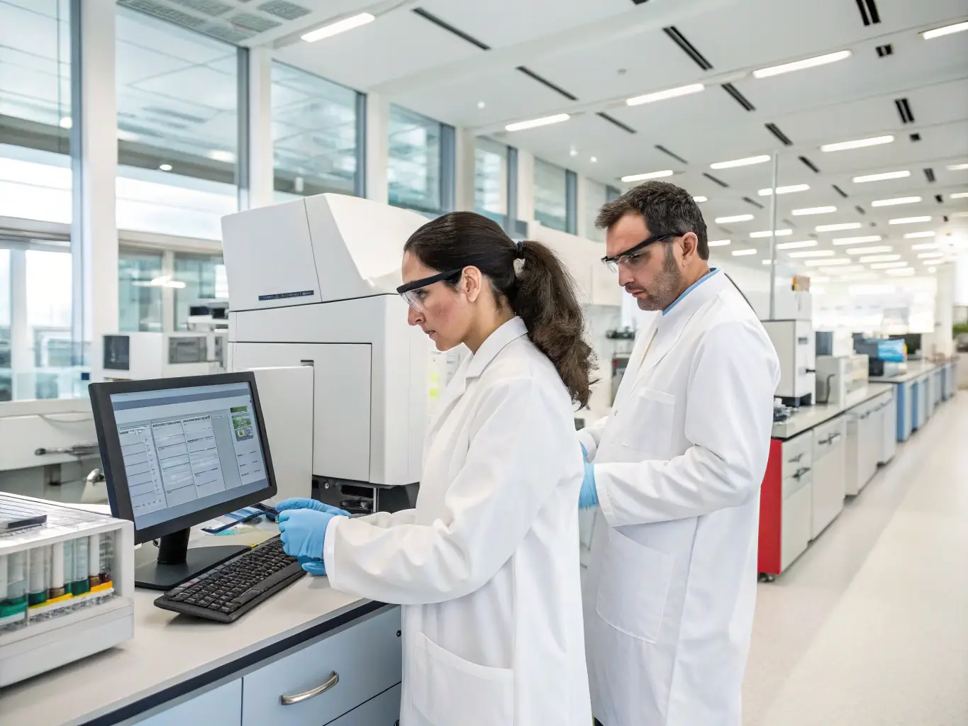 A detailed, vibrant image showcasing advanced biotechnological research, with scientists in a lab environment working on genetic sequencing and cellular analysis.
